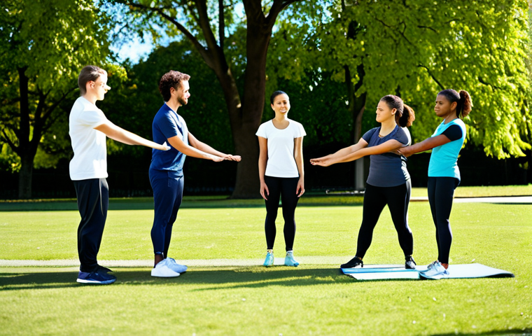 **
"A dedicated sports trainer, fully clothed in athletic wear, instructing a diverse group of people in a park setting. They are demonstrating proper form for a stretching exercise. The background features trees and a bright, sunny day. Safe for work, appropriate content, professional, modest, family-friendly, perfect anatomy, correct proportions, natural pose, well-formed hands, proper finger count, natural body proportions, professional photography, high quality."
**
