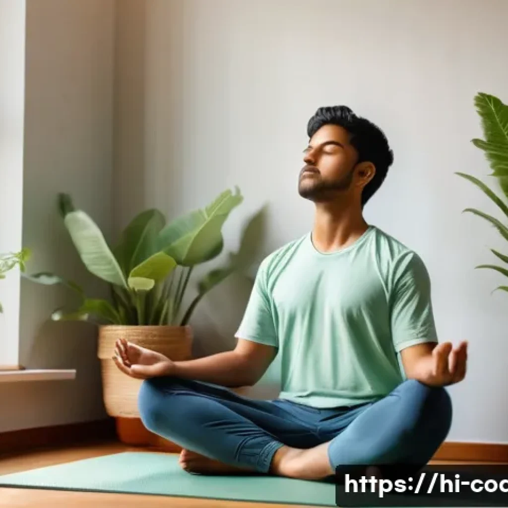 스포츠지도사 시험 스트레스 관리법 - A focused Indian student in a cozy study room, practicing deep breathing exercises with eyes closed,...