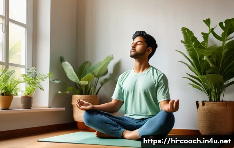 스포츠지도사 시험 스트레스 관리법 - A focused Indian student in a cozy study room, practicing deep breathing exercises with eyes closed,...